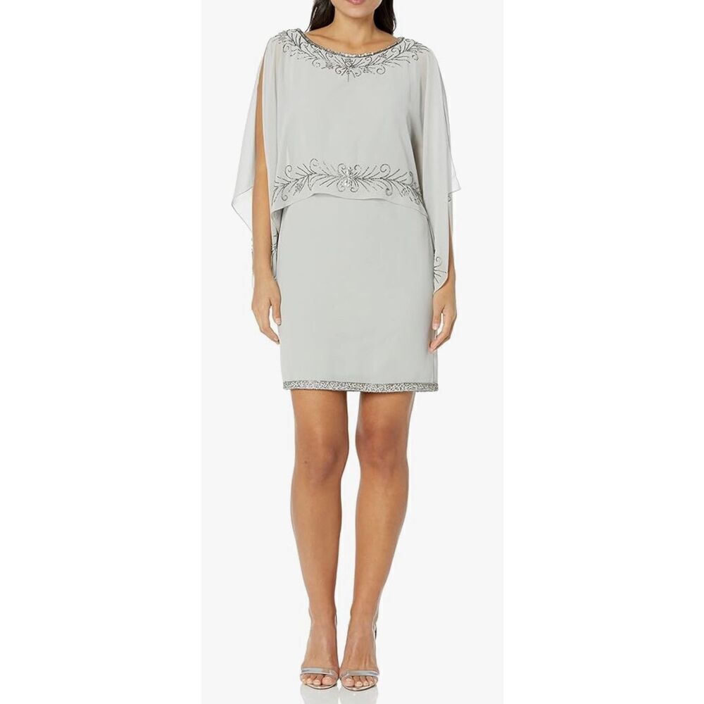 J Kara Women's Boat Neck Capelet Short Cocktail Beaded Dress